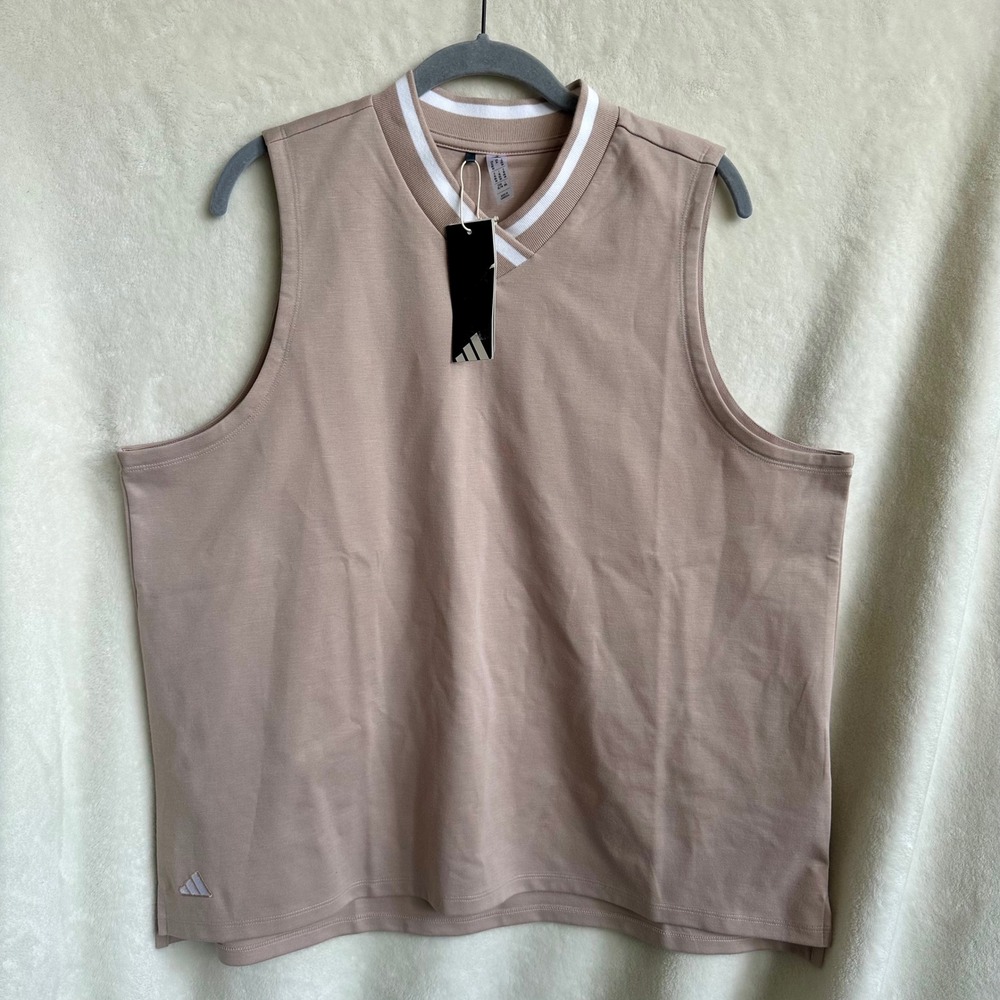 Adidas NWT Go-To Sleeveless Golf Polo Shirt Wonder Taupe Striped V-Neck XXL